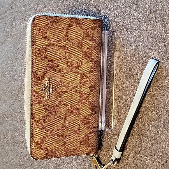 Coach signature C tan & baby blue zip wallet w/detachable wrist strap...EUC - Picture 1 of 10